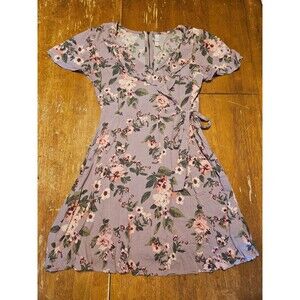 Size Small Floral Dress Zip Up Closure Tie Accent Purple Pink Flowy Xhilatation